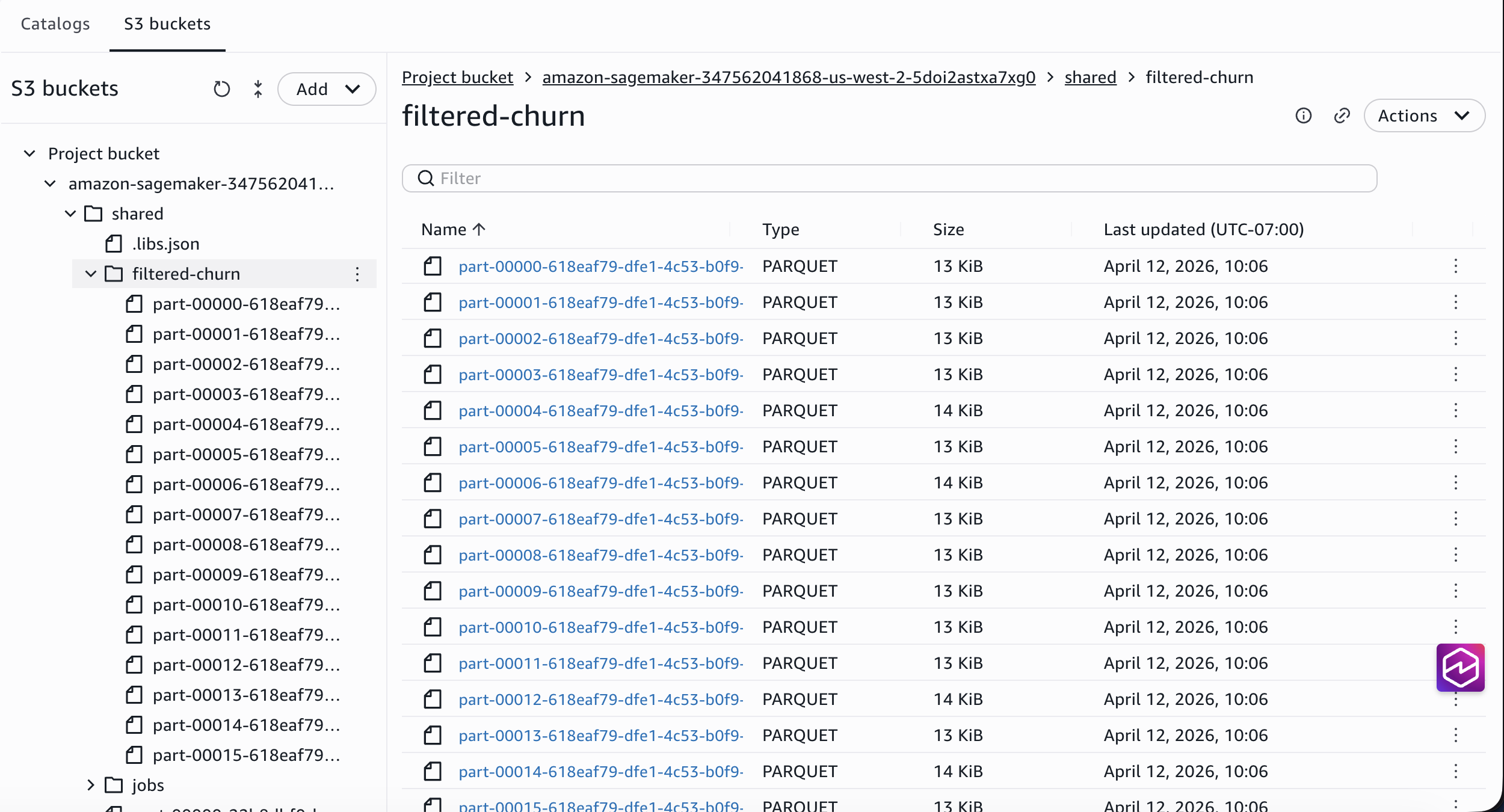 The S3 output folder in the Data explorer showing Parquet files generated by the visual ETL job.
