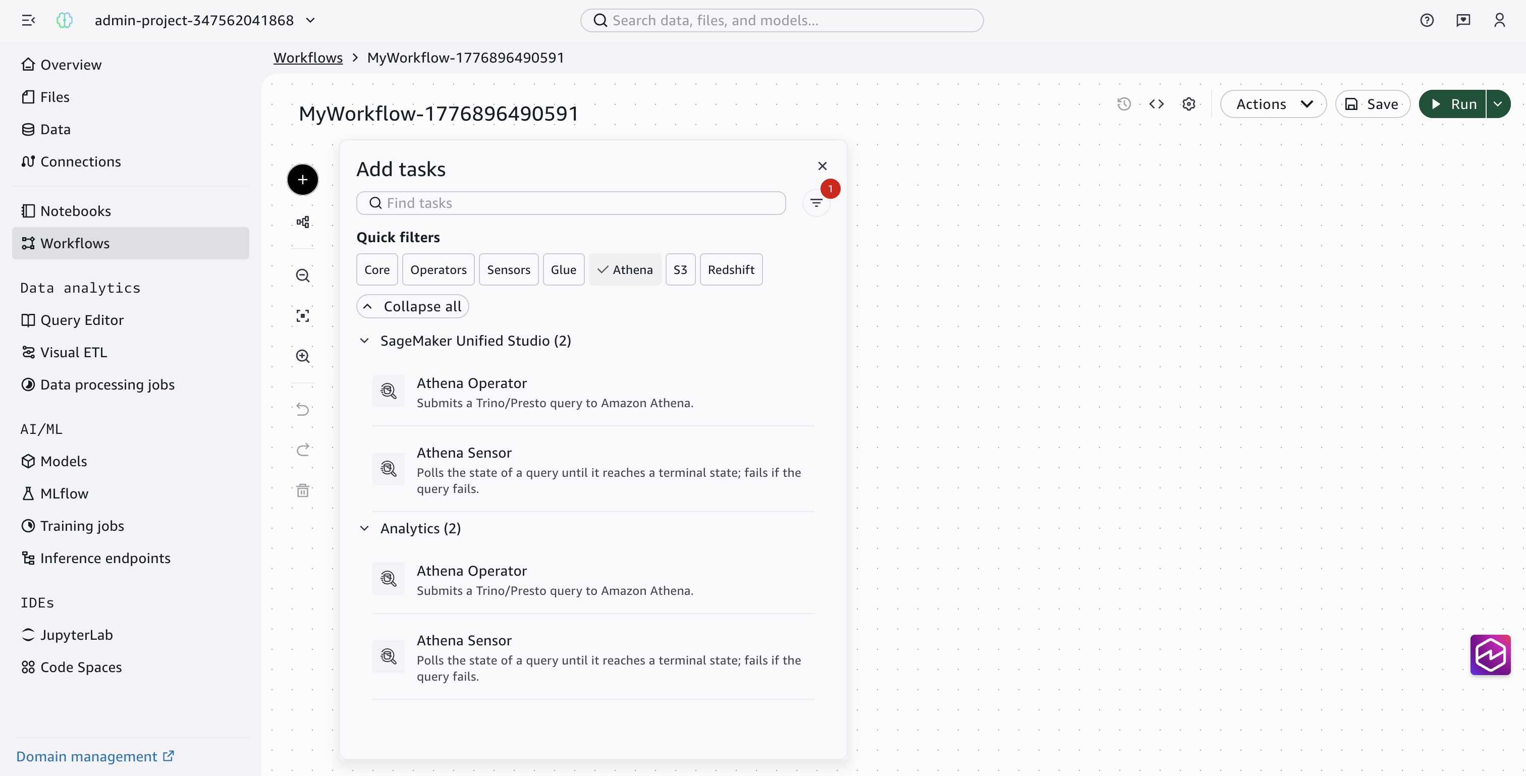 The Add tasks panel with the Athena quick filter selected, showing the Athena Operator option under SageMaker Unified Studio.