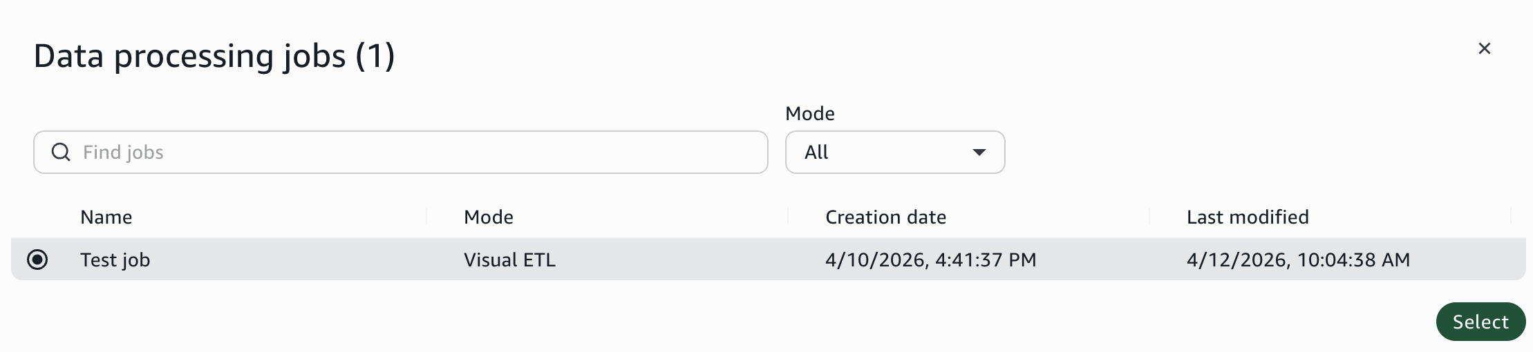 The Data processing jobs dialog showing the visual ETL job available for selection.