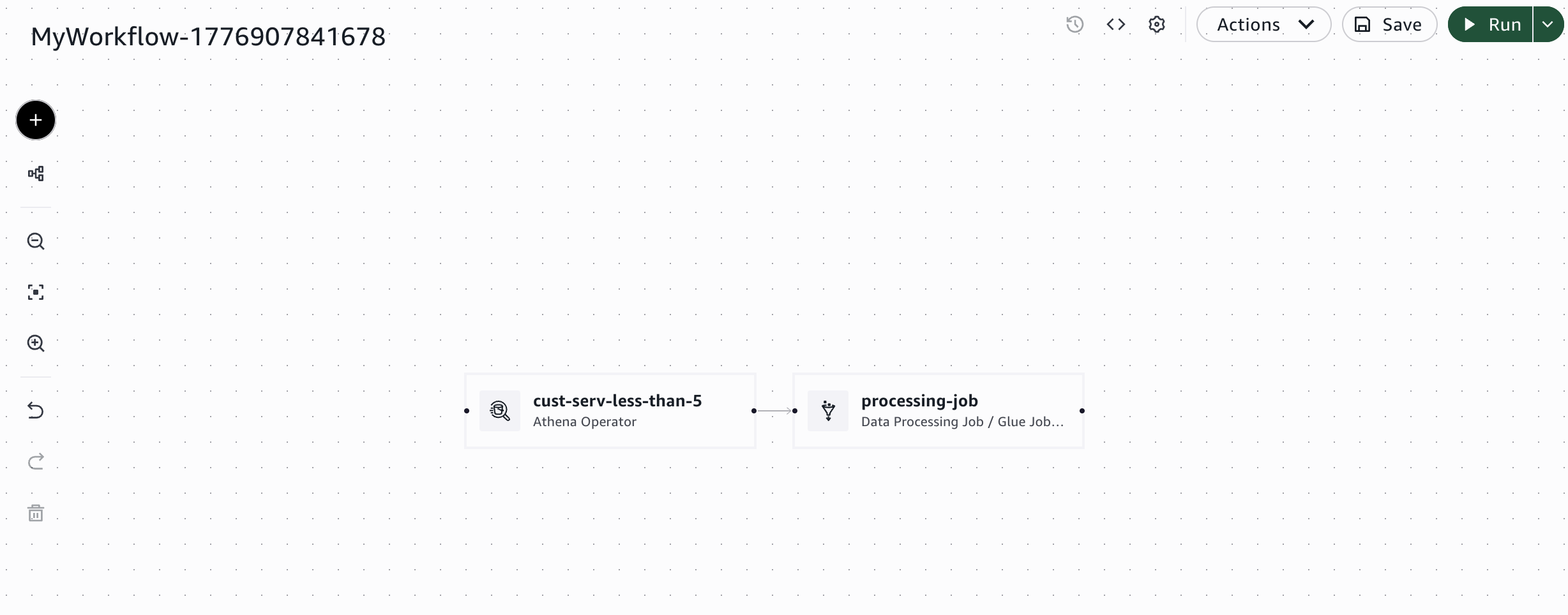The workflow canvas showing two tasks connected in sequence: the Athena query task and the visual ETL job task.