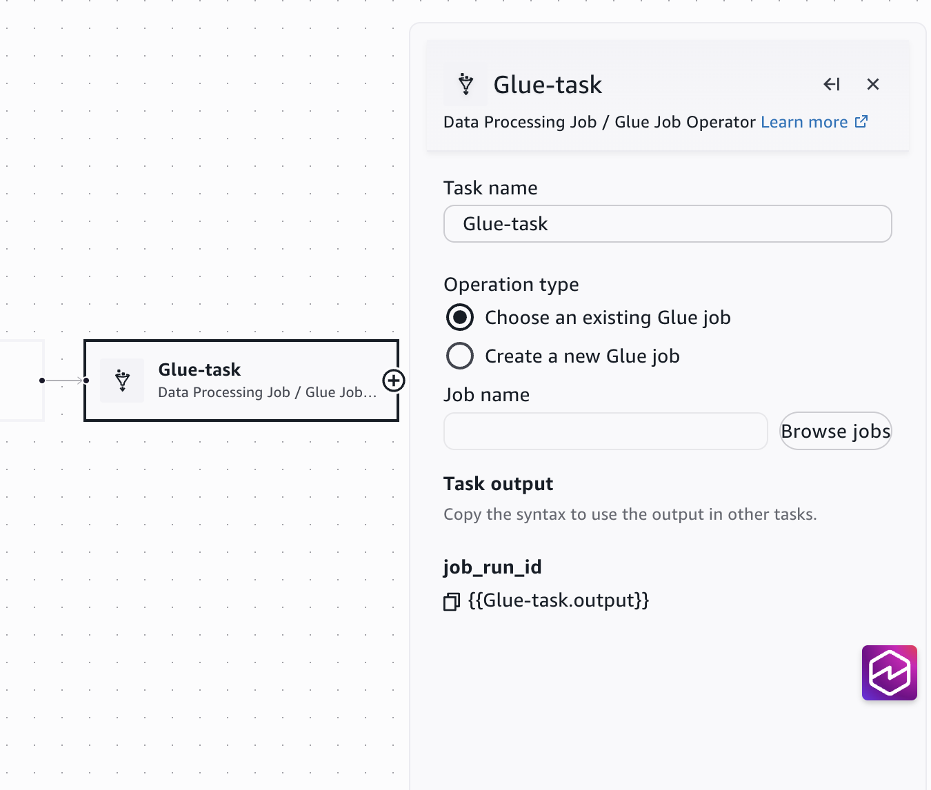 The Data Processing Job / Glue Job Operator configuration panel showing the task name, operation type, and Browse jobs option.