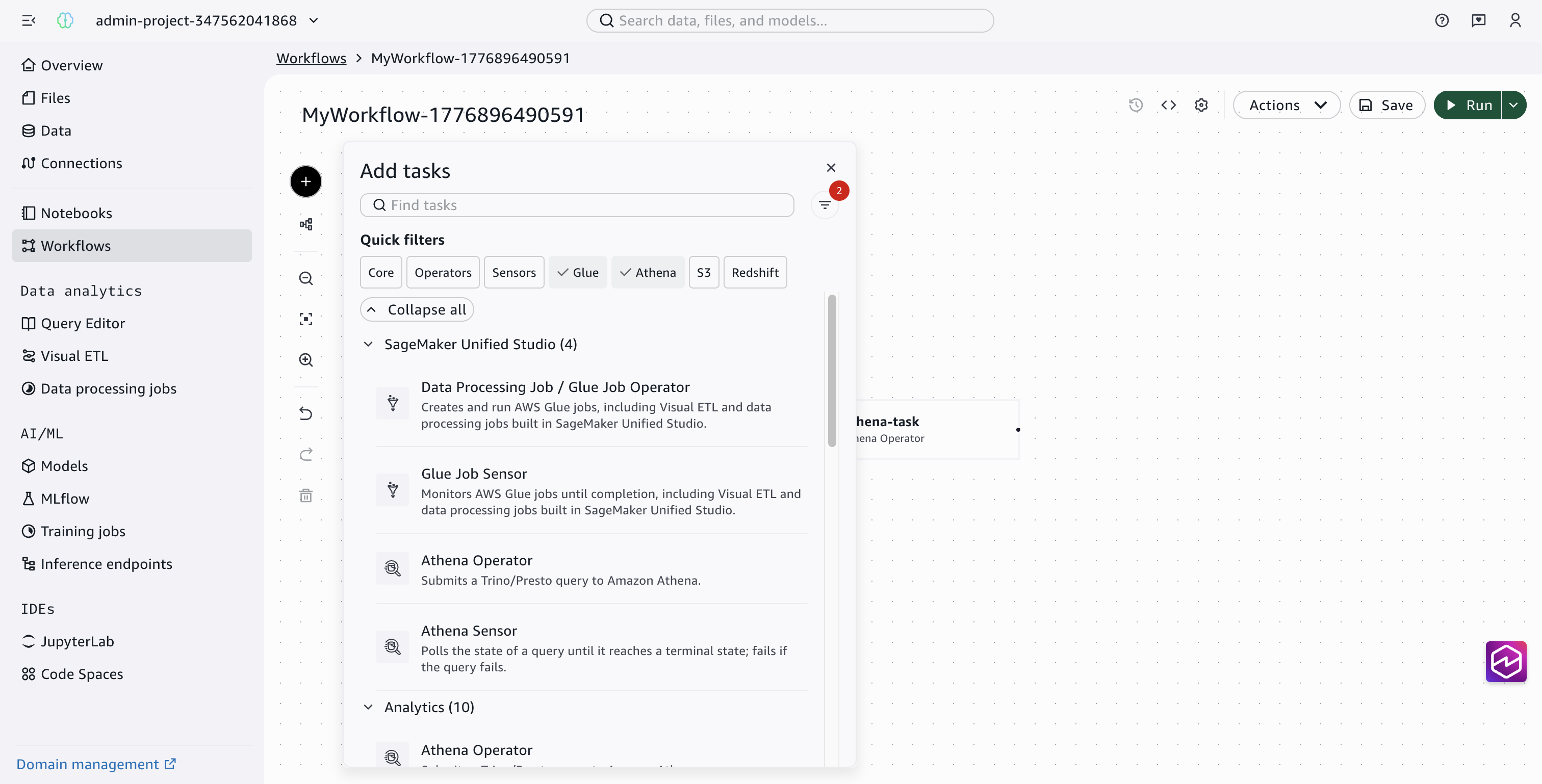The Add tasks panel with the Glue quick filter selected, showing the Data Processing Job / Glue Job Operator option under SageMaker Unified Studio.