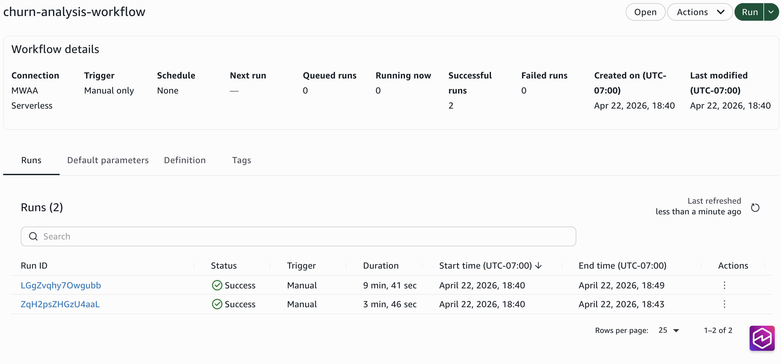 The workflow details page showing two successful runs with status, duration, and timestamps.