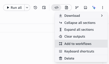 Notebook header options menu with the Add to workflows option
