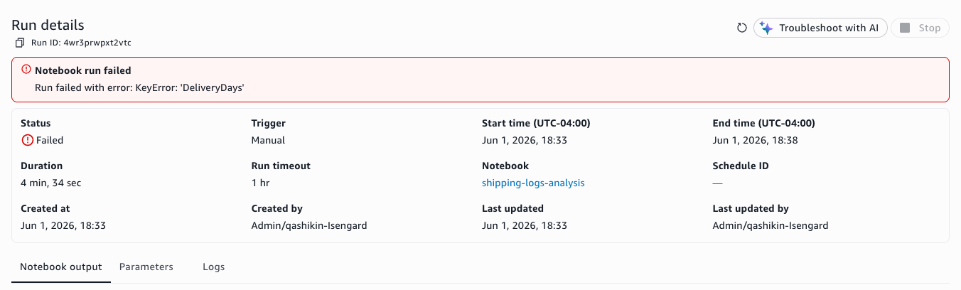 Failed run output with the Troubleshoot with AI button at the top of the page