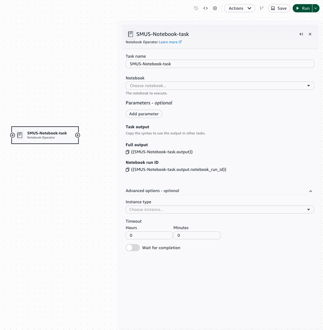 Workflows canvas with a Notebook Operator task configured with notebook, parameters, and compute settings