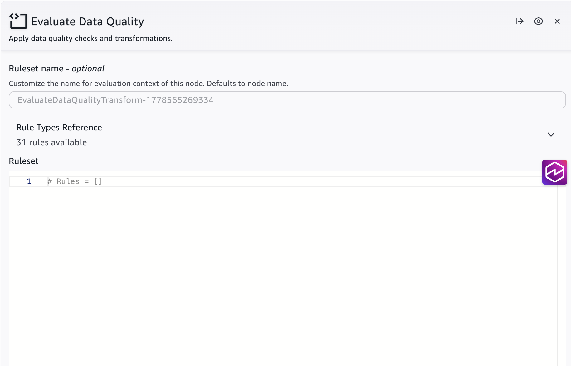The Amazon SageMaker Unified Studio UI showing the ruleset configuration for the Evaluate Data Quality transform.