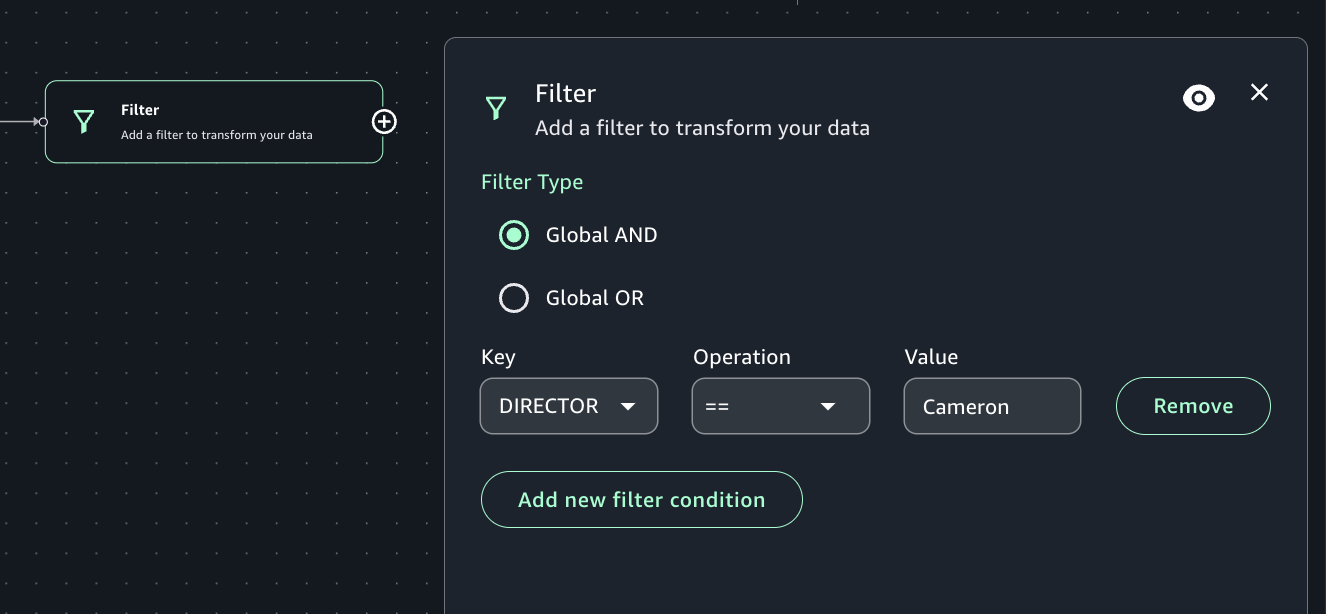 The Amazon SageMaker Unified Studio UI showing the configuration options for the Filter transform.