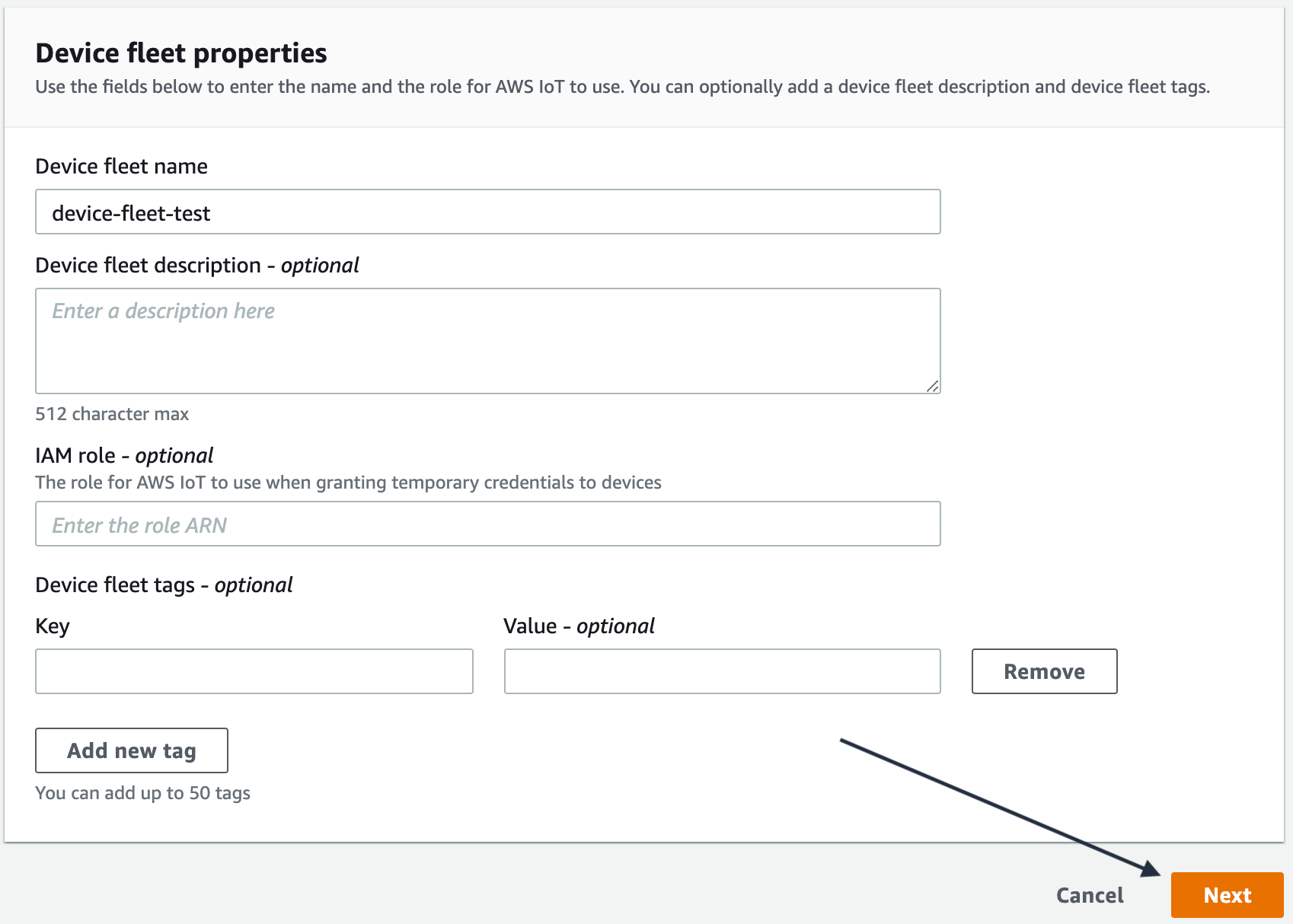 The location of the Next button in the Device fleet properties section in the console.