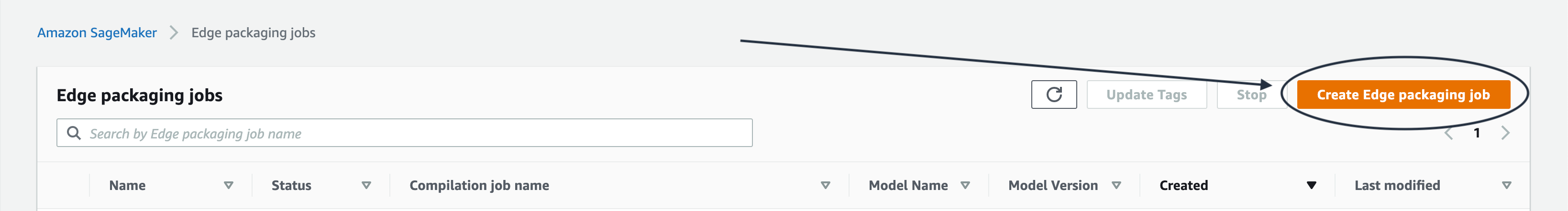 Location of Create edge packaging jobs in the console.