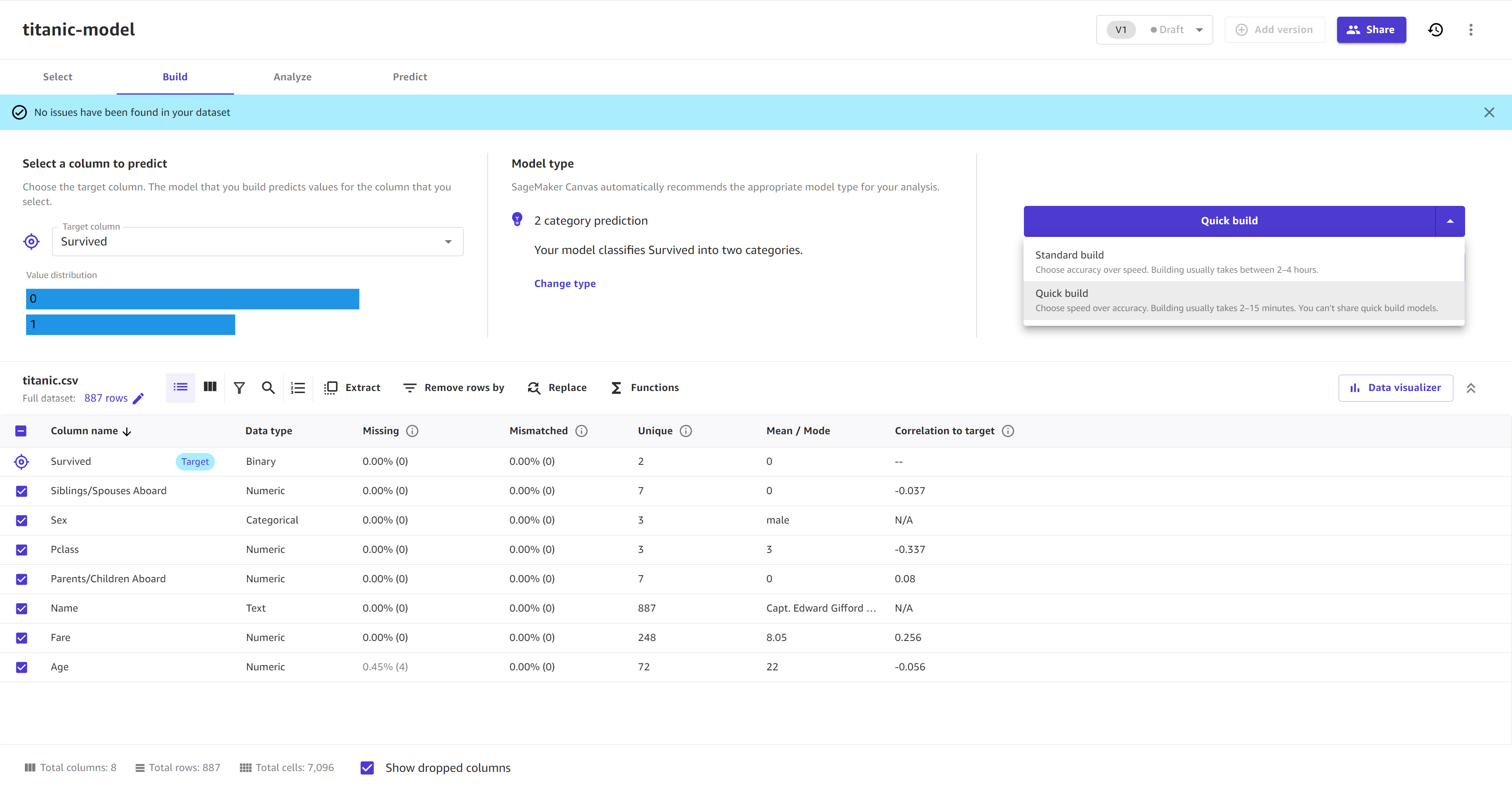 The Build page for a 2 category model showing the Quick build and Standard build options.
