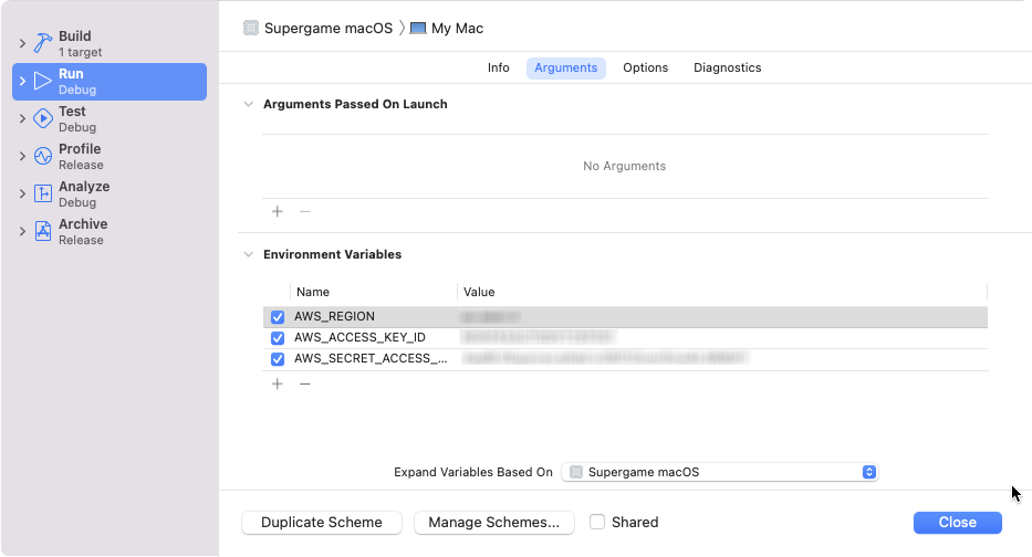 Run scheme editor window showing Arguments tab with AWS environment variables.