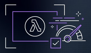 Lambda function icon with performance monitoring dashboard showing metrics and gauges.
