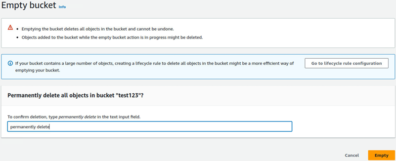 Empty bucket page with warning that emptying a bucket cannot be undone.