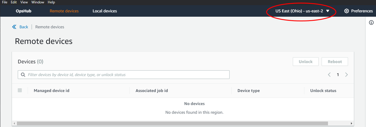 Remote devices tab with region menu highlighted.