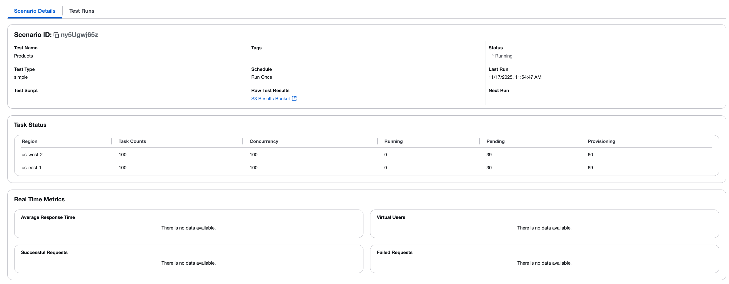 Running test scenario showing task status and real-time metrics