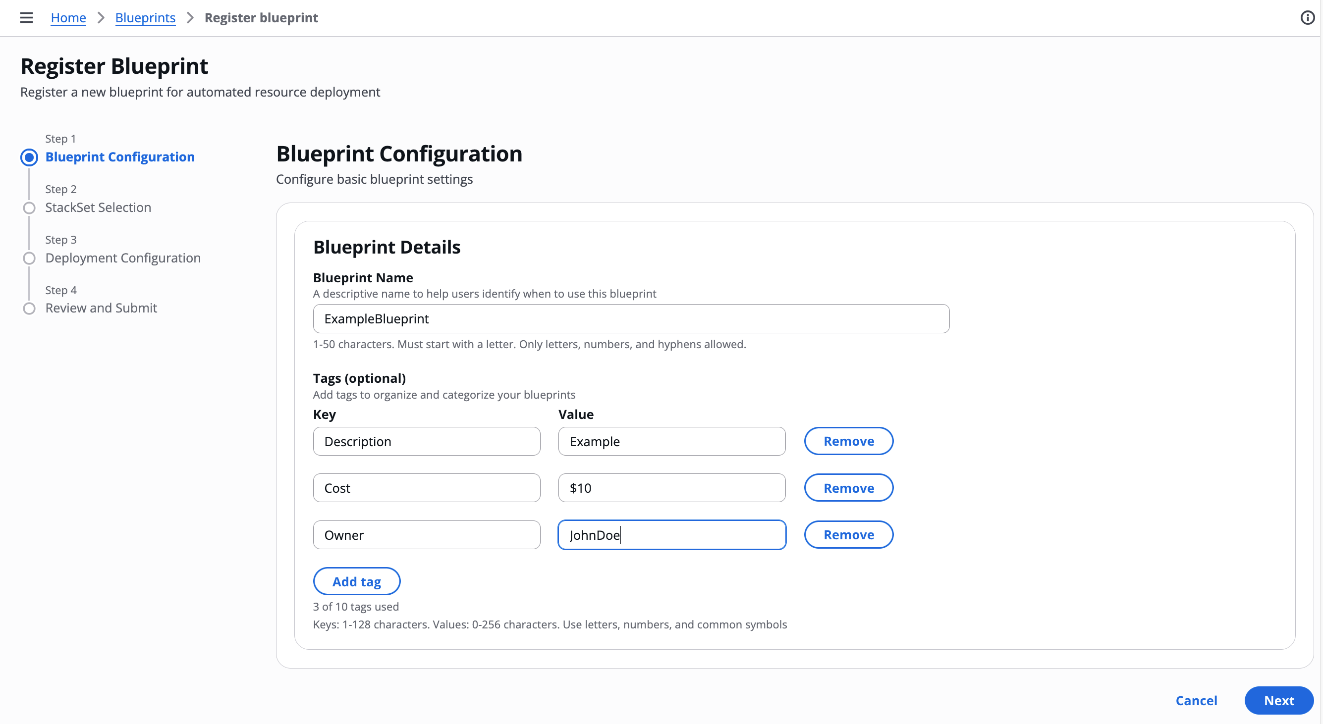Blueprint Configuration page