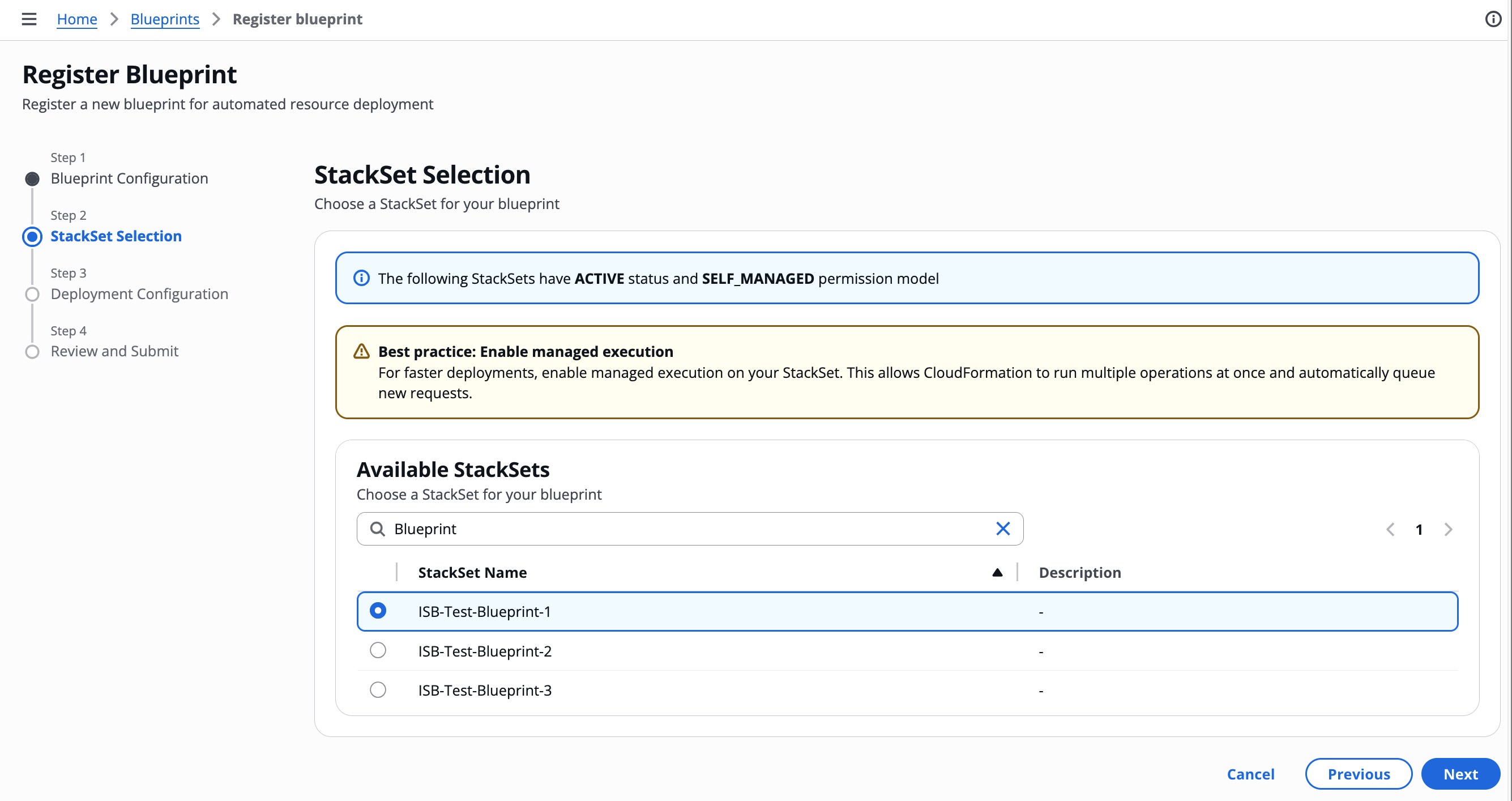StackSet Selection page