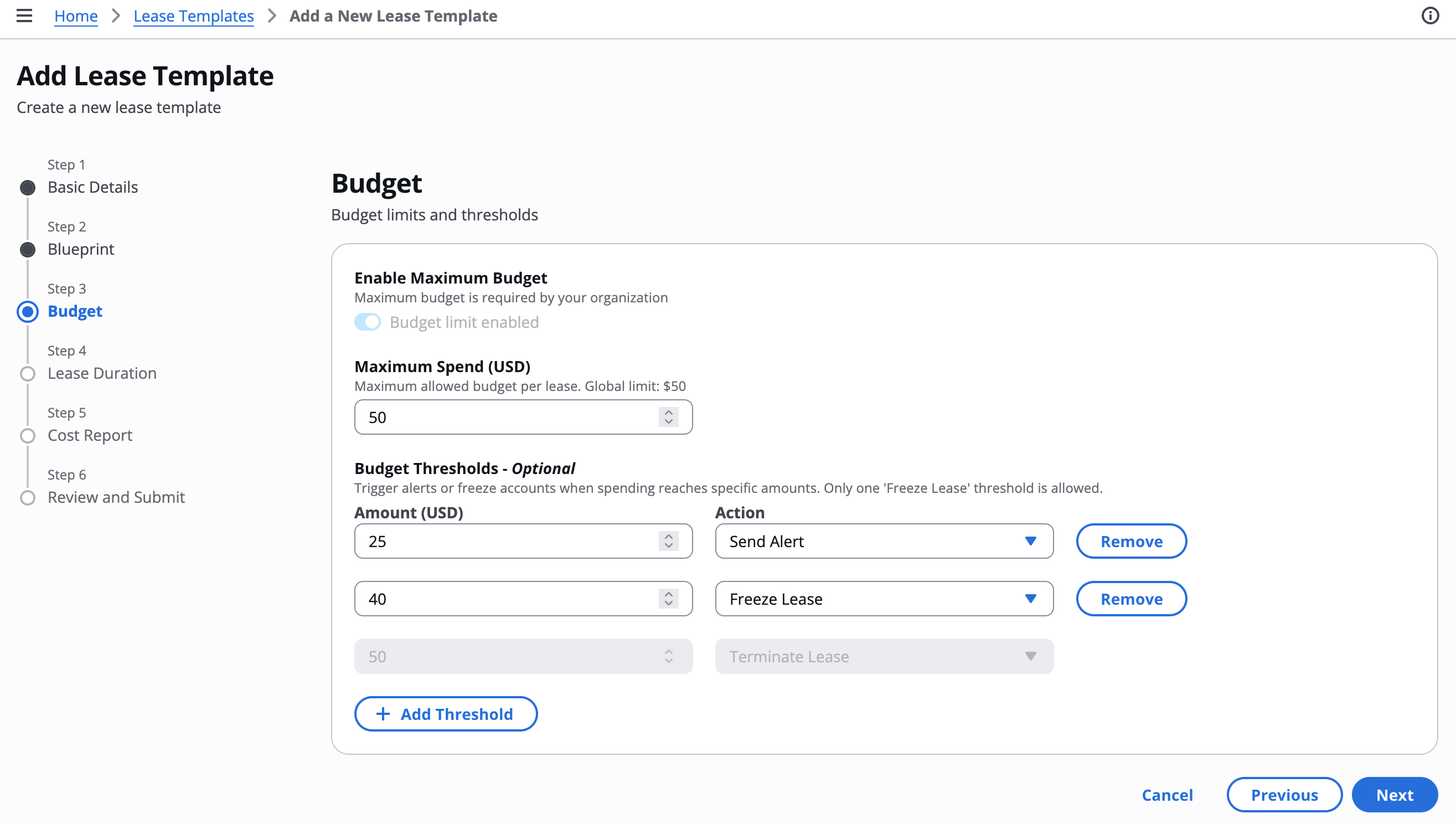 Budget Settings page
