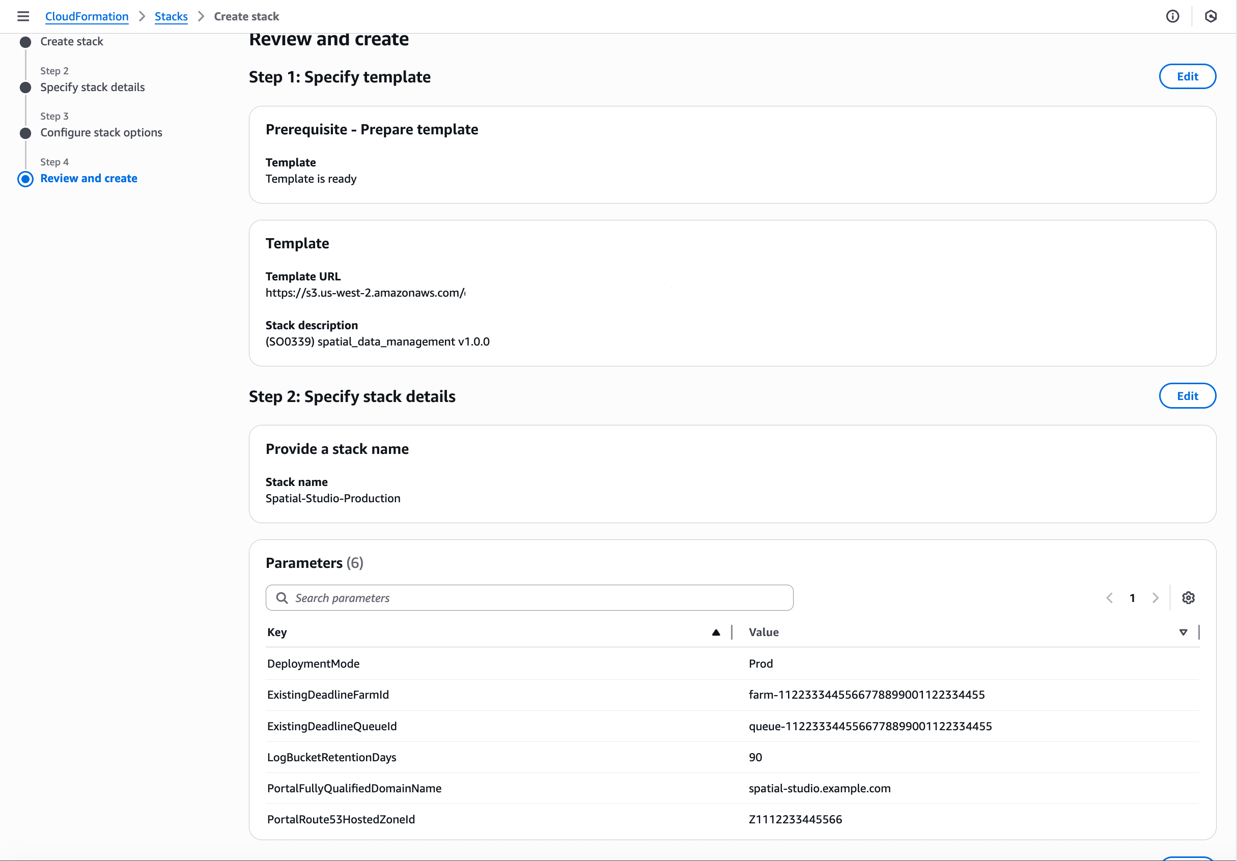 Review page showing stack parameters and configuration summary