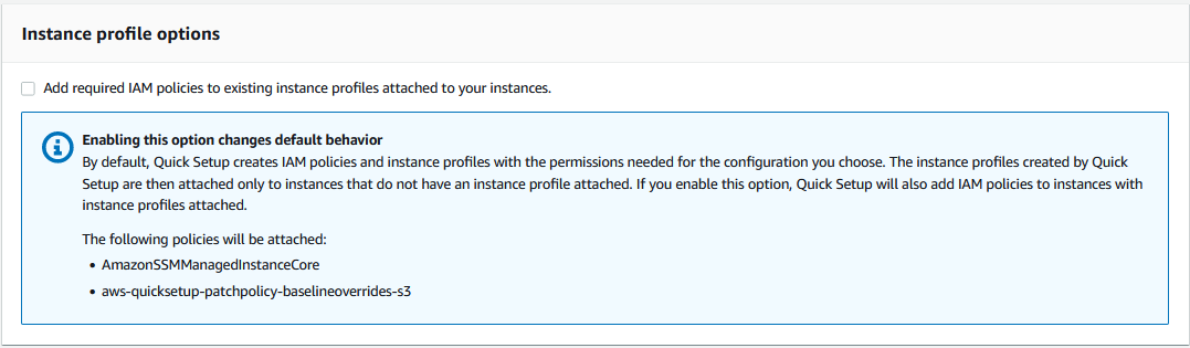 The Add required IAM policies to existing instance profiles check box isn't selected in the Instance profile options area.