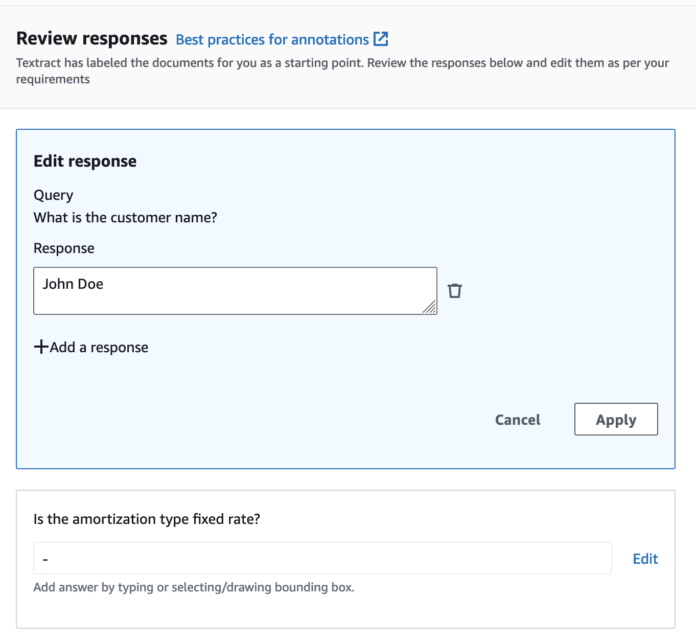 Review responses screen showing example customer name John Doe and prompt to enter amortization type. Includes Apply and Cancel buttons.