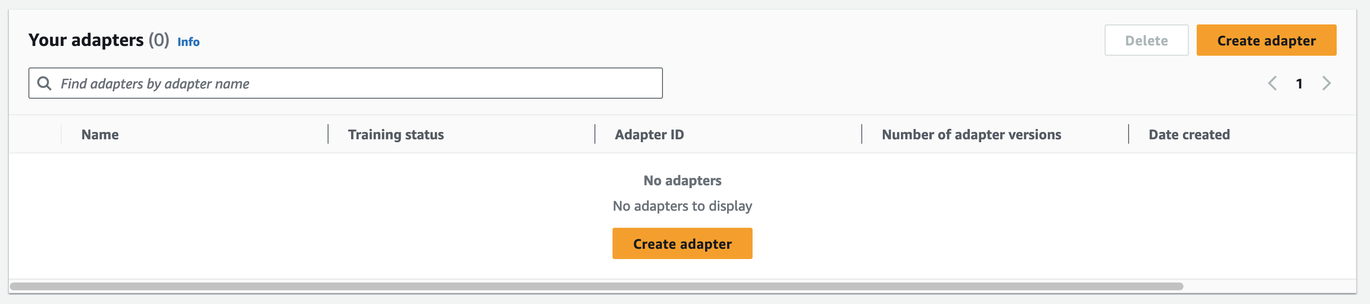 Your adapters list is empty with a "No adapters" message and a "Create adapter" button.