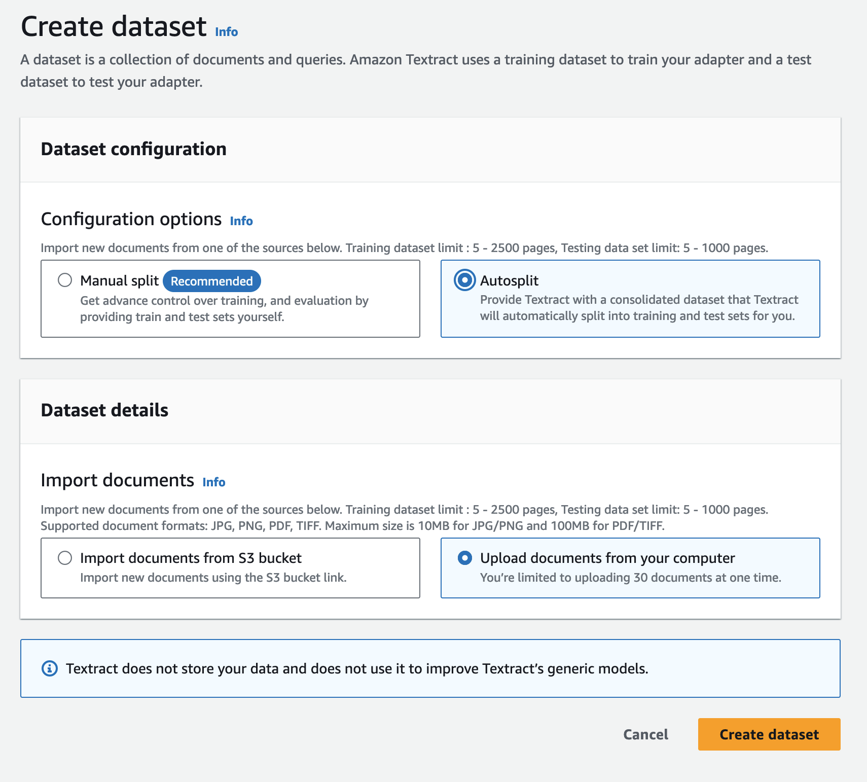 Interface showing options to create a dataset for Amazon Textract - either Manual split to provide train and test sets yourself, or Autosplit to let Textract automatically split into training and test sets. Import documents from S3 bucket or local files.