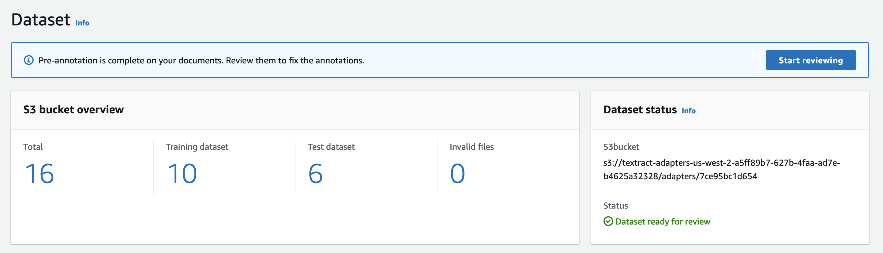 Overview of dataset split showing 16 total documents, with 10 in the training set and 6 in the test set. No invalid files. Status indicates dataset is ready for review.