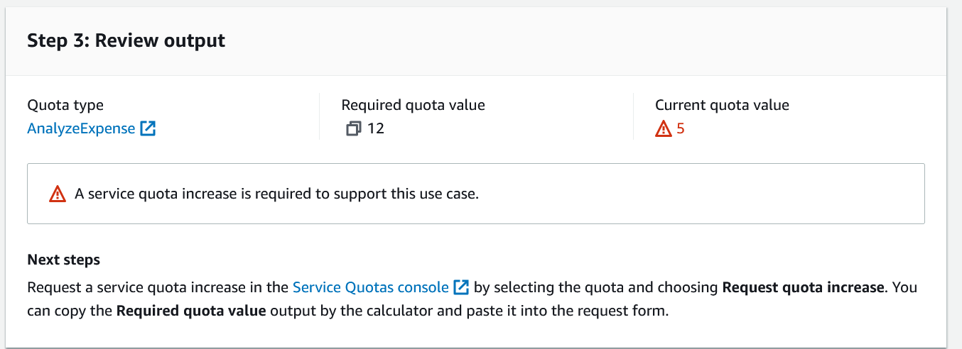 Service quota value display showing the AnalyzeExpense quota requires 12 but the current value is 5, indicating a quota increase is needed.