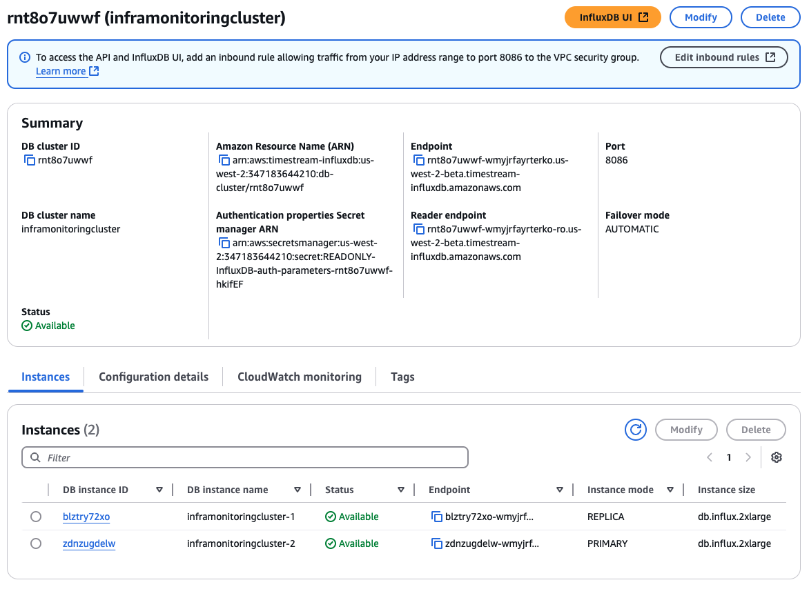 DB cluster summary page showing two instances with the status "Available".