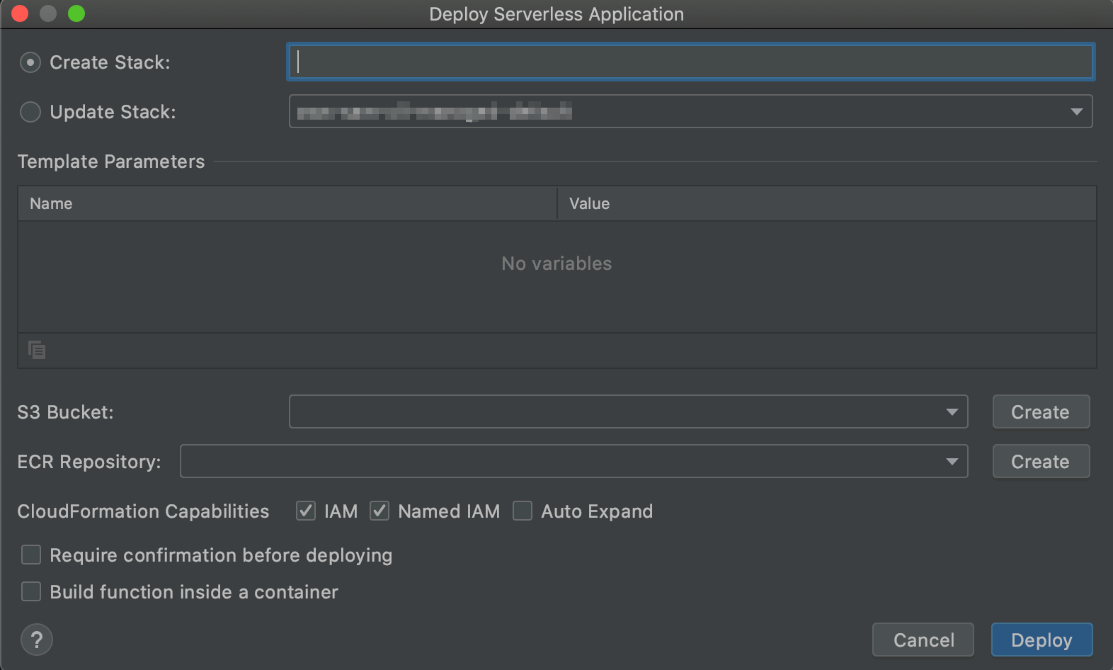 The Deploy Serverless Application dialog box.