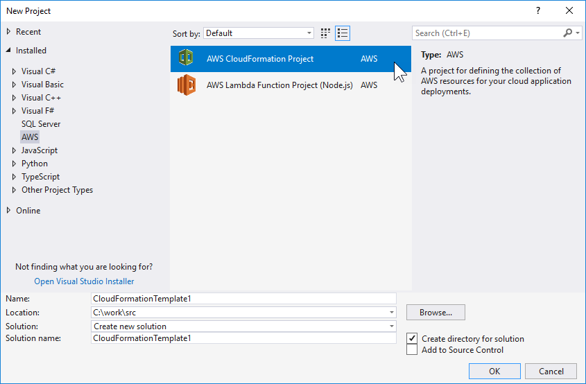 New Project dialog box showing CloudFormation and Lambda Function project options.