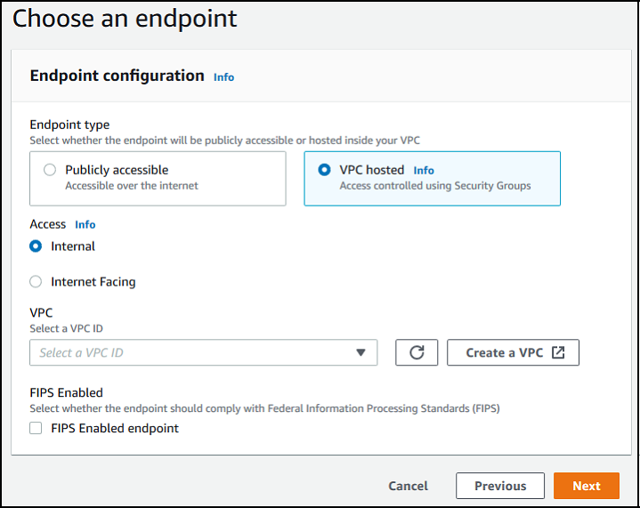 The Choose an endpoint console section with VPC hosted selected.
