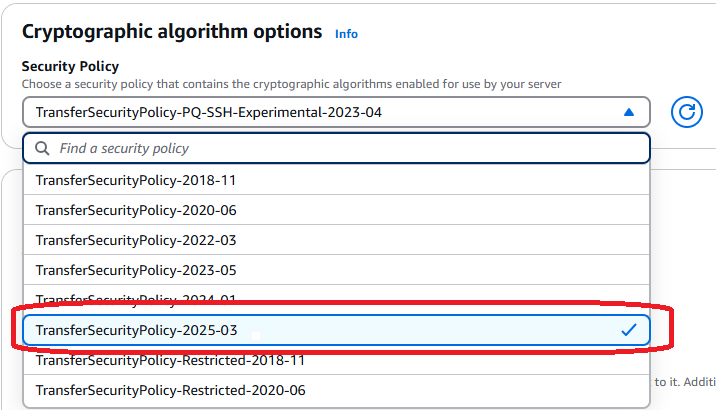 Shows the post-quantum policy selected for the Cryptographic algorithm options.