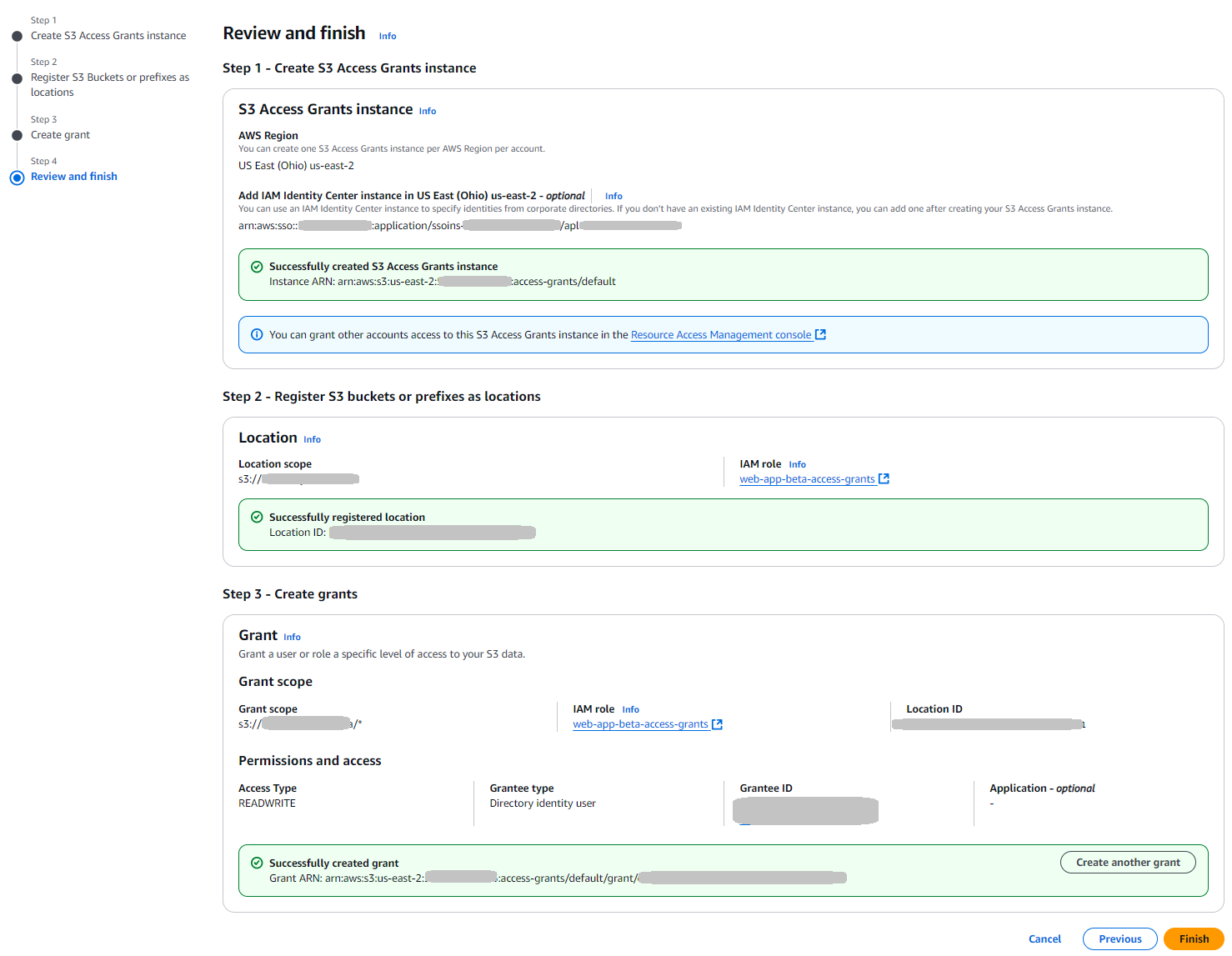 Screen showing the Review and finish dialog with example values.