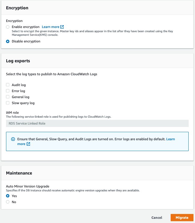 Another screenshot of the Amazon RDS Console during snapshot migration.
