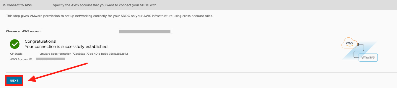 A screenshot of the Connect to AWS screen. After you connect to your AWS account, choose NEXT .