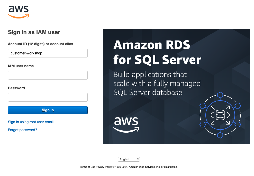 A screenshot of the sign-in screen for Amazon RDS for SQL Server.