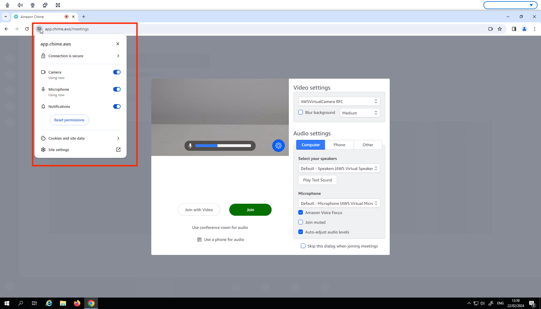 Amazon Chime meeting interface with video settings, audio options, and join buttons.