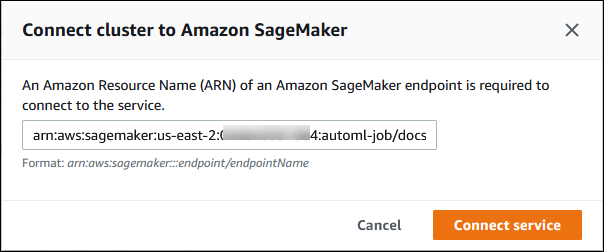 Immagine che mostra l'endpoint Amazon Resource Name (ARN) per SageMaker AI inserito durante il processo di configurazione.