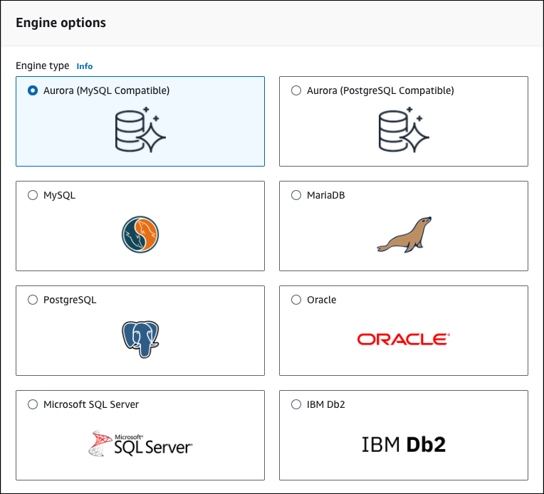 Interfaccia di selezione del motore Aurora MySQL che mostra le opzioni di versione e le impostazioni di compatibilità per la creazione del database.