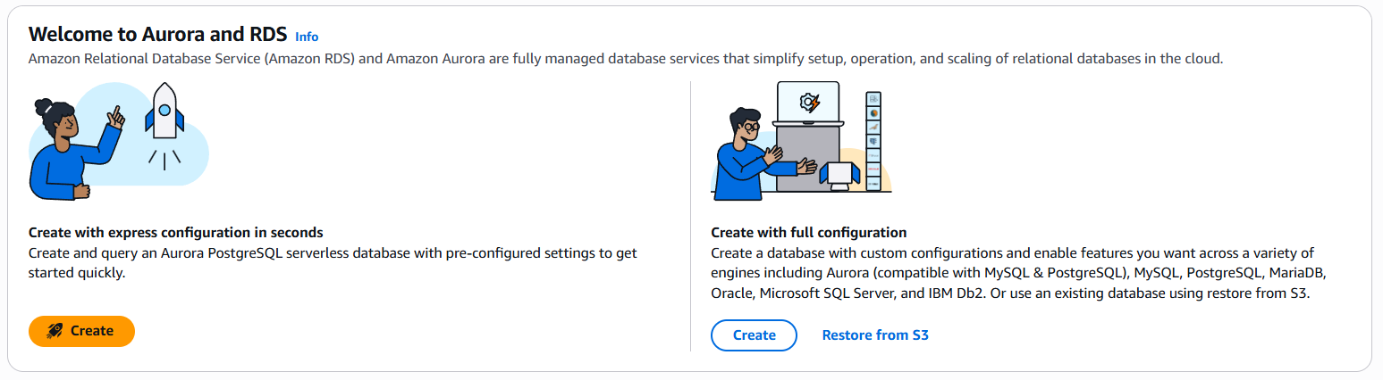 La pagina Benvenuto in Aurora e RDS che mostra la sezione Crea con configurazione rapida.