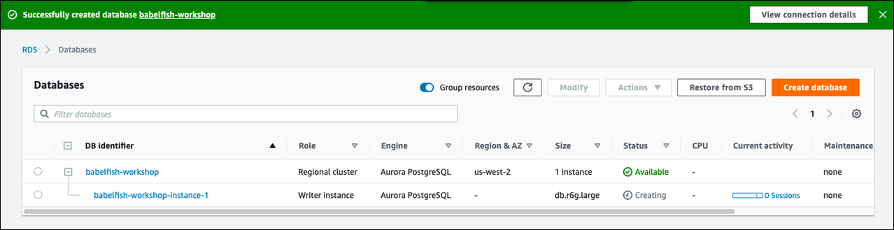 Un cluster Aurora PostgreSQL con Babelfish in esecuzione.