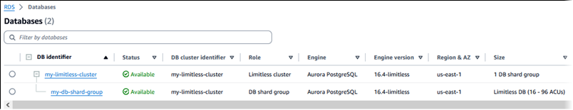 Cluster di database primario e gruppo di shard del database di Aurora PostgreSQL Limitless Database.
