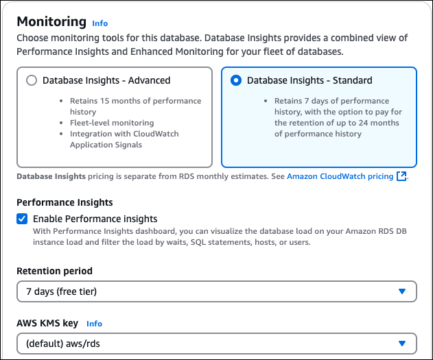Attivazione di Approfondimenti sulle prestazioni durante la creazione del cluster di database con la console.