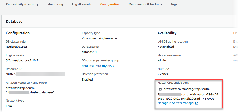 Visualizza i dettagli di un segreto gestito da Aurora in Secrets Manager