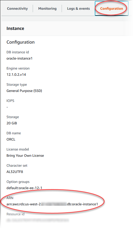ARN istanza database.