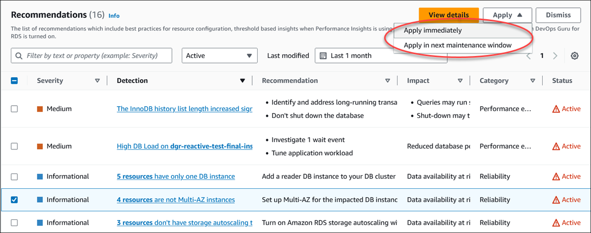 Una raccomandazione attiva selezionata e il pulsante Applica con le relative opzioni evidenziate nella console.