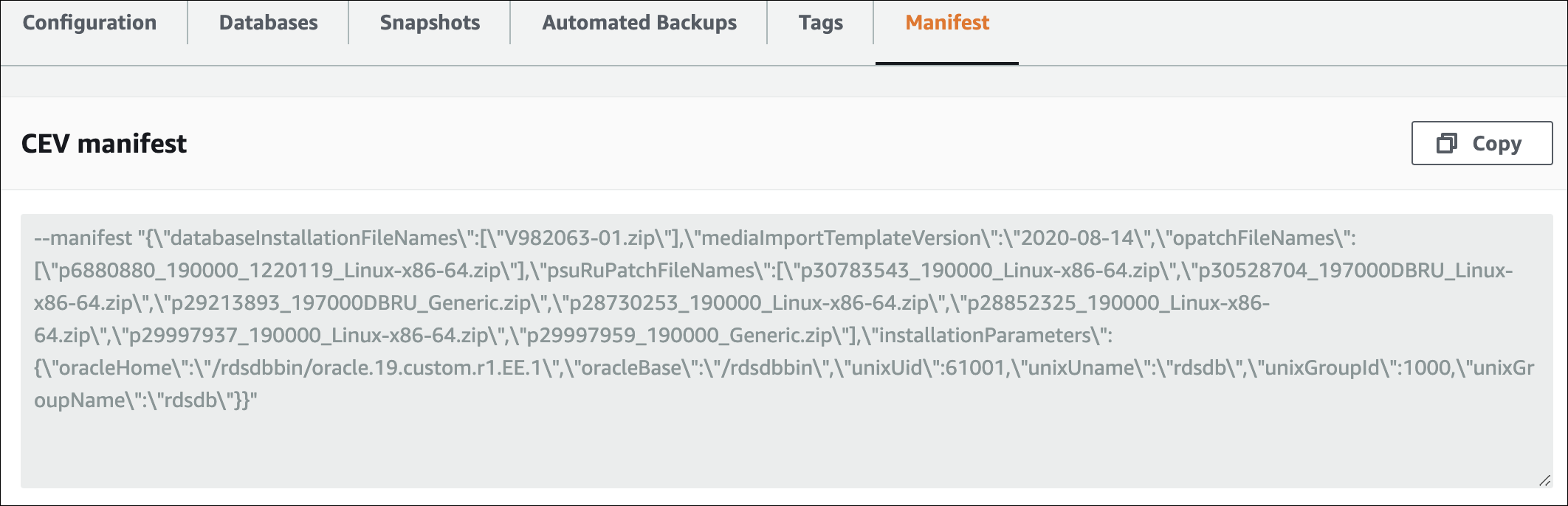 Visualizza il comando usato per creare la CEV.